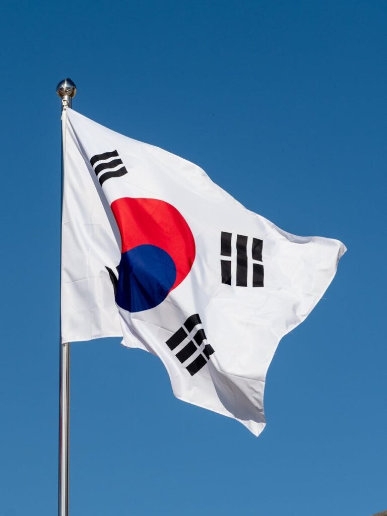 The South Korean flag waves prominently against a clear blue sky, symbolizing national pride.