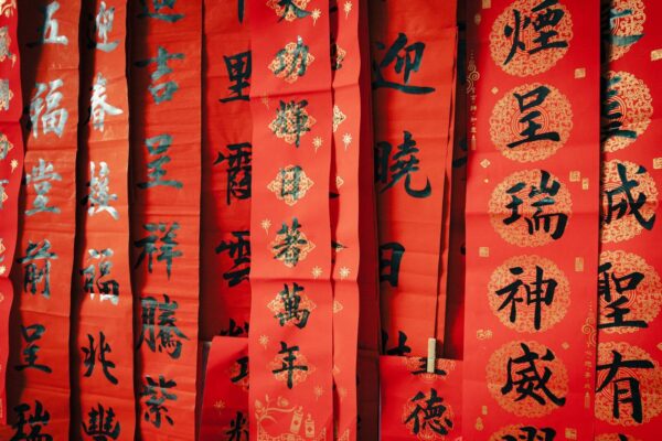 Decorative red Chinese scrolls celebrating Lunar New Year with traditional calligraphy and symbols of good fortune.