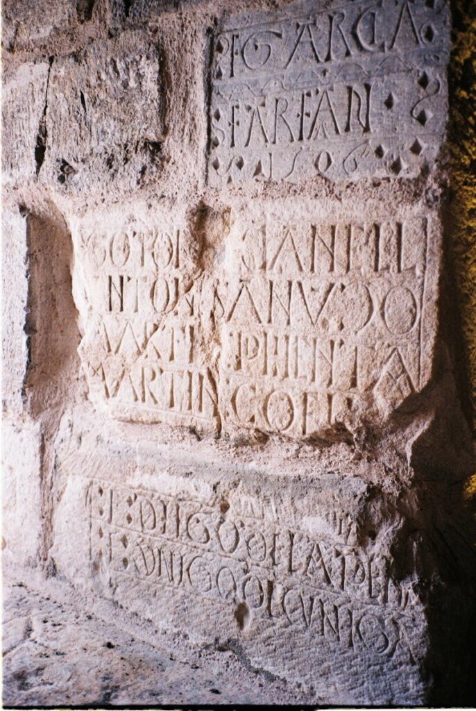 Close-up of ancient stone wall with distinct Latin carvings.