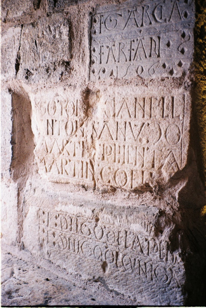Close-up of ancient stone wall with distinct Latin carvings.